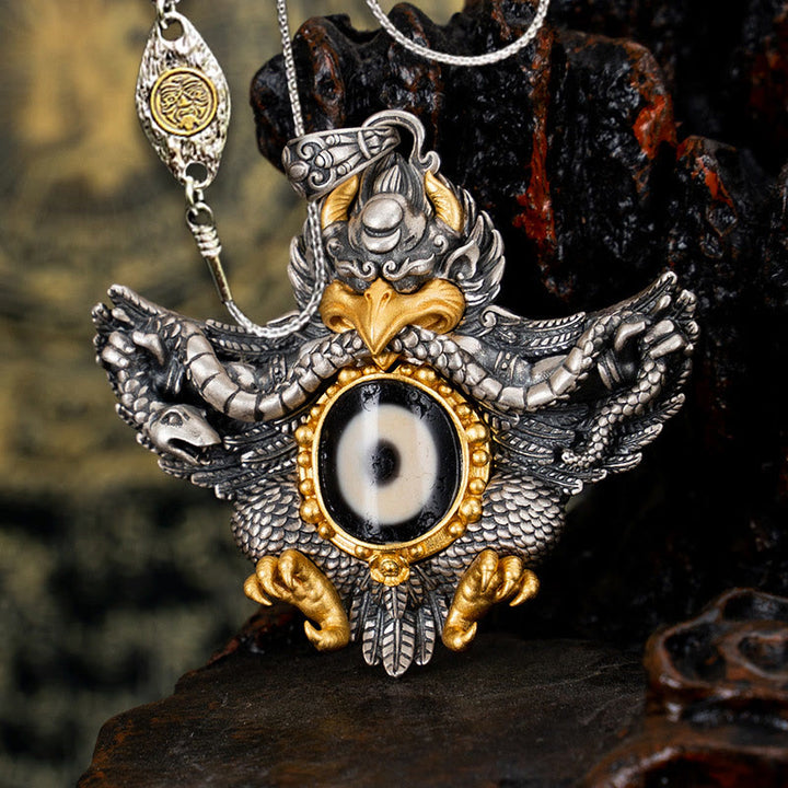 Collier pendentif de protection en perles dzi avec oiseau Garuda en argent sterling 925 et Buddha Stones