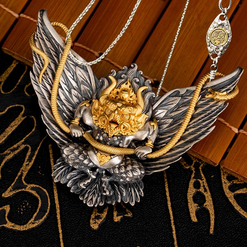 Collier pendentif tibétain en argent sterling 925 Buddha Stones , oiseau, dragon, serpent, sagesse - Chaîne en cuivre Garuda et Zakiram de 50 cm - image 17