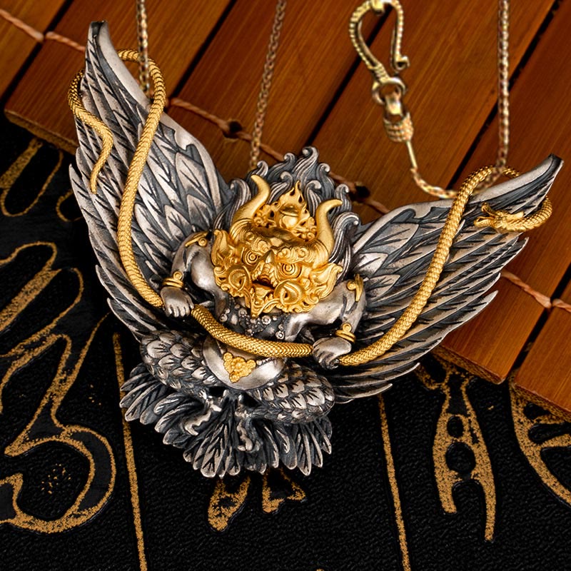 Collier pendentif tibétain en argent sterling 925 Buddha Stones , oiseau, dragon, serpent, sagesse - Garuda et chaîne en cuivre doré de 58 cm - image 12