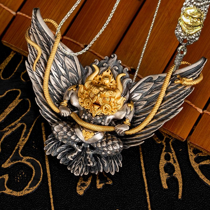 Collier pendentif tibétain en argent sterling 925 Buddha Stones , oiseau, dragon, serpent, sagesse - Garuda et chaîne en cuivre de 52 cm, le Seigneur de la forêt des cadavres - image 21