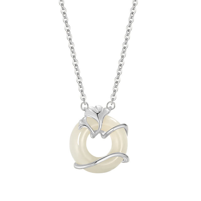 Collier pendentif feuille de ginkgo en argent sterling 925 avec boucle de paix et Buddha Stones en jade Hetian