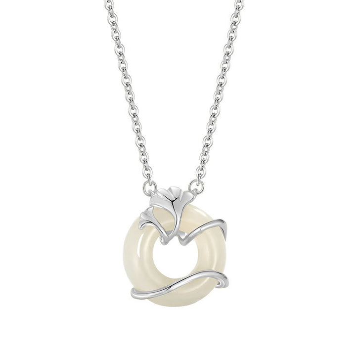 Collier pendentif feuille de ginkgo en argent sterling 925 avec boucle de paix et Buddha Stones en jade Hetian - image 12