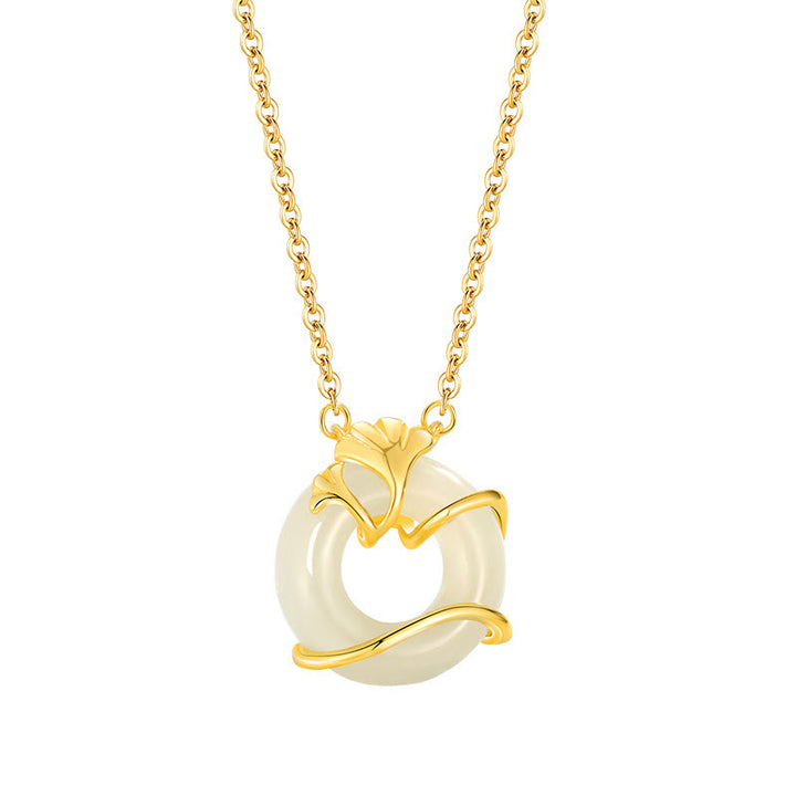 Collier pendentif feuille de ginkgo en argent sterling 925 avec boucle de paix et Buddha Stones en jade Hetian - image 4