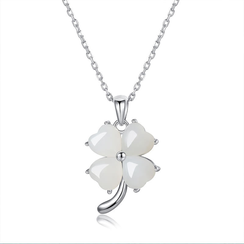 Collier pendentif trèfle à quatre feuilles en argent sterling 925 et jade Hetian de Buddha Stones