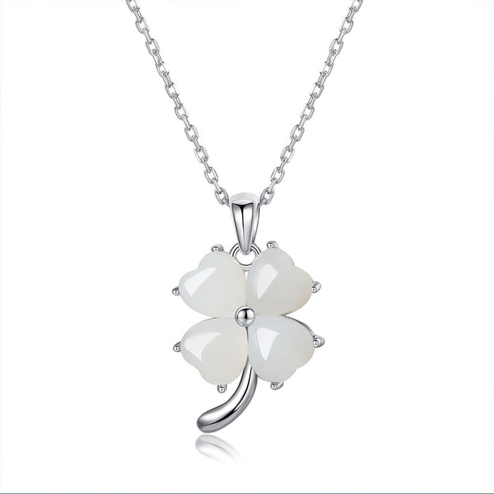 Collier pendentif trèfle à quatre feuilles en argent sterling 925 et jade Hetian de Buddha Stones