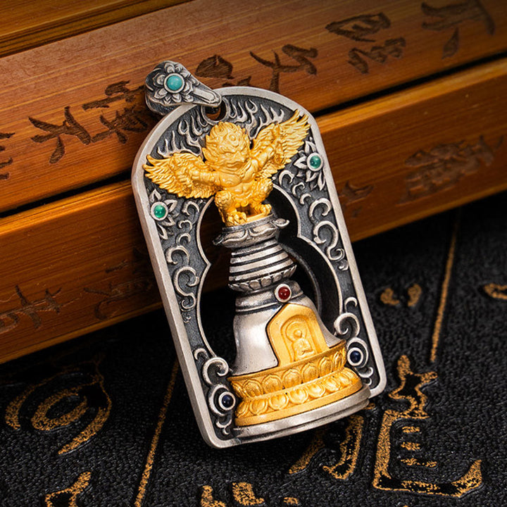 Collier pendentif de protection en argent sterling 925 avec Buddha Stones et oiseau tibétain Garuda Vajra Dorje