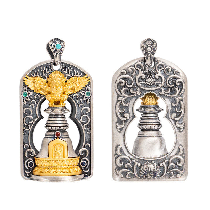 Collier pendentif de protection en argent sterling 925 avec Buddha Stones et oiseau tibétain Garuda Vajra Dorje