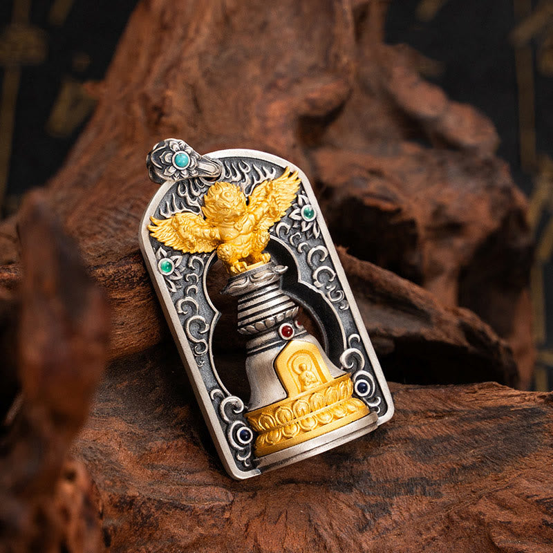 Collier pendentif de protection en argent sterling 925 avec Buddha Stones et oiseau tibétain Garuda Vajra Dorje