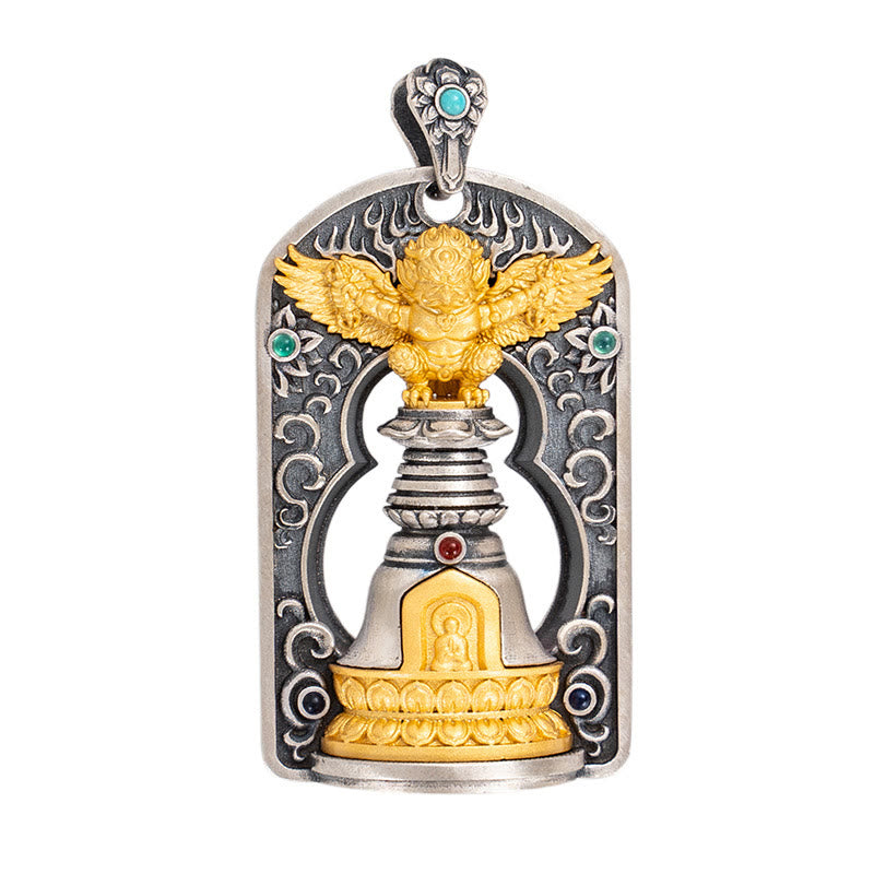 Collier pendentif de protection en argent sterling 925 avec Buddha Stones et oiseau tibétain Garuda Vajra Dorje