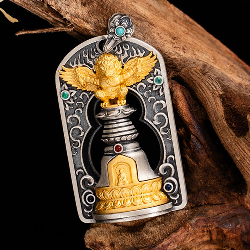Collier pendentif de protection en argent sterling 925 avec Buddha Stones et oiseau tibétain Garuda Vajra Dorje