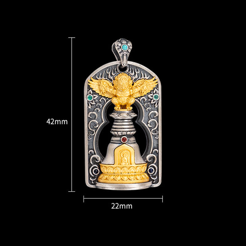 Collier pendentif de protection en argent sterling 925 avec Buddha Stones et oiseau tibétain Garuda Vajra Dorje