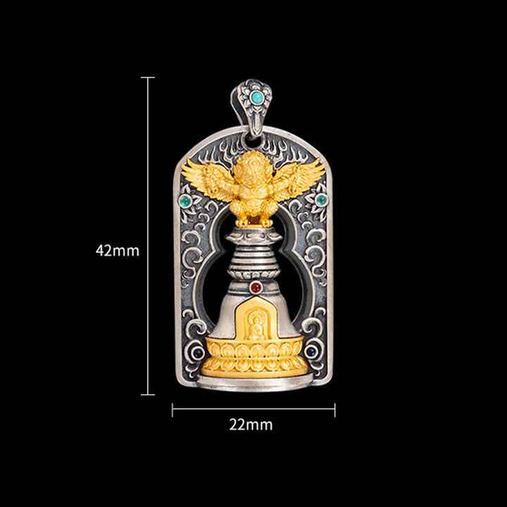 Collier pendentif de protection en argent sterling 925 avec Buddha Stones et oiseau tibétain Garuda Vajra Dorje
