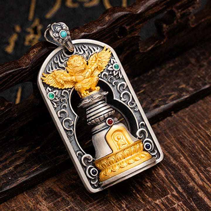 Collier pendentif de protection en argent sterling 925 avec Buddha Stones et oiseau tibétain Garuda Vajra Dorje