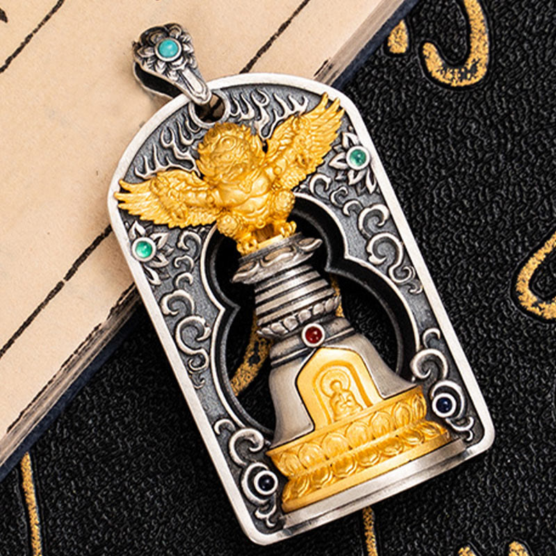 Collier pendentif de protection en argent sterling 925 avec Buddha Stones et oiseau tibétain Garuda Vajra Dorje