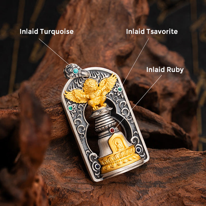 Collier pendentif de protection en argent sterling 925 avec Buddha Stones et oiseau tibétain Garuda Vajra Dorje