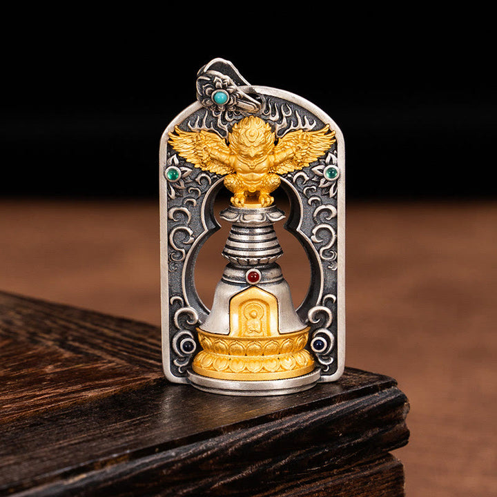 Collier pendentif de protection en argent sterling 925 avec Buddha Stones et oiseau tibétain Garuda Vajra Dorje