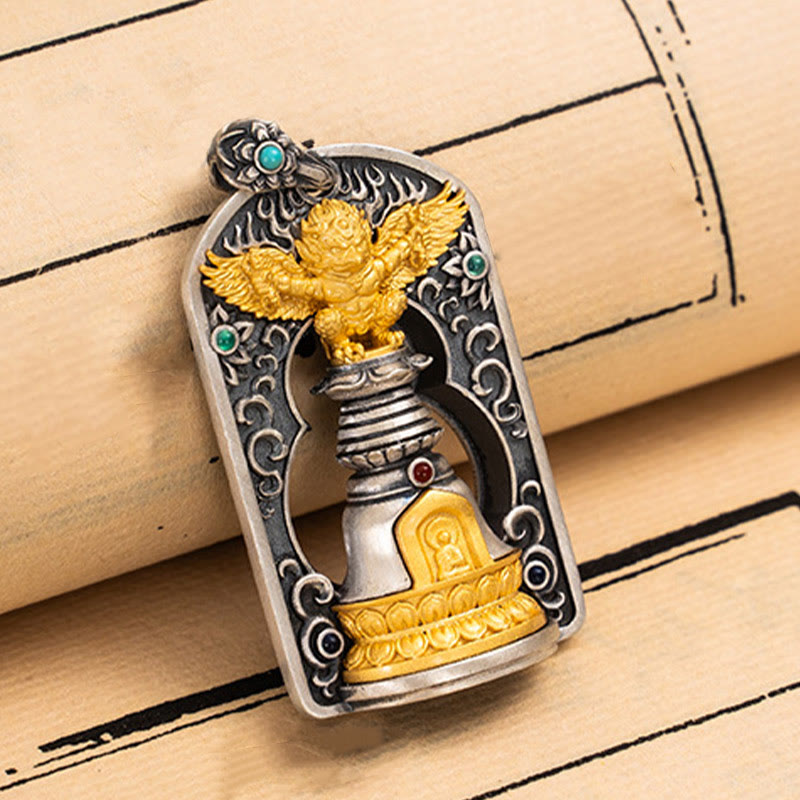 Collier pendentif de protection en argent sterling 925 avec Buddha Stones et oiseau tibétain Garuda Vajra Dorje
