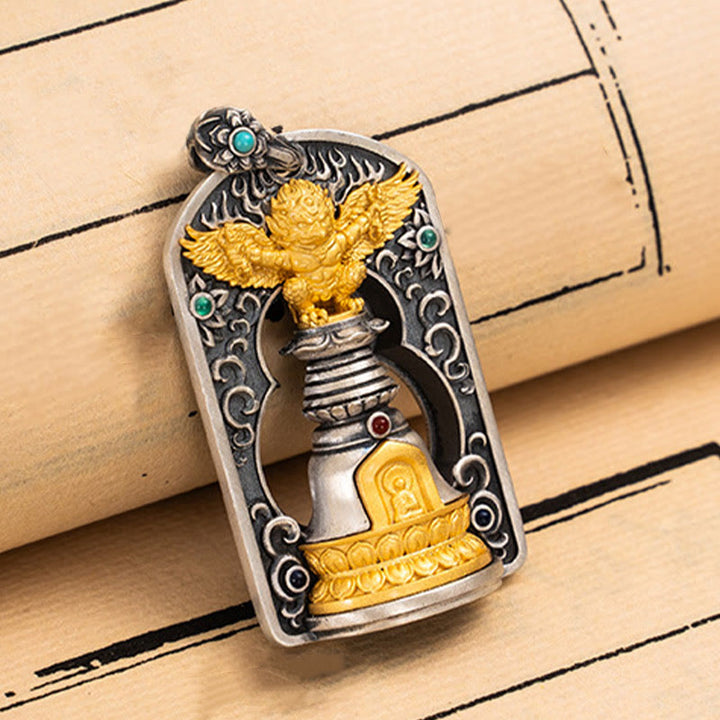 Collier pendentif de protection en argent sterling 925 avec Buddha Stones et oiseau tibétain Garuda Vajra Dorje