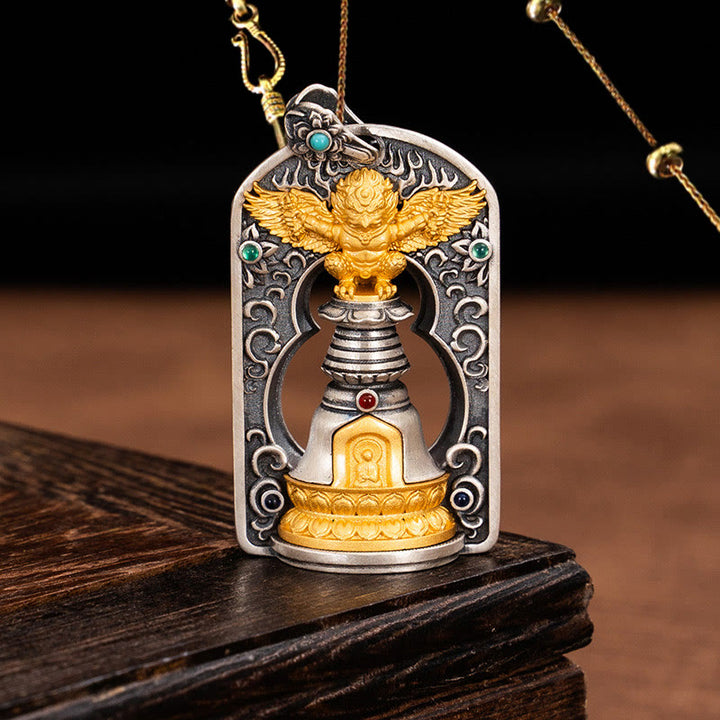 Collier pendentif de protection en argent sterling 925 avec Buddha Stones et oiseau tibétain Garuda Vajra Dorje