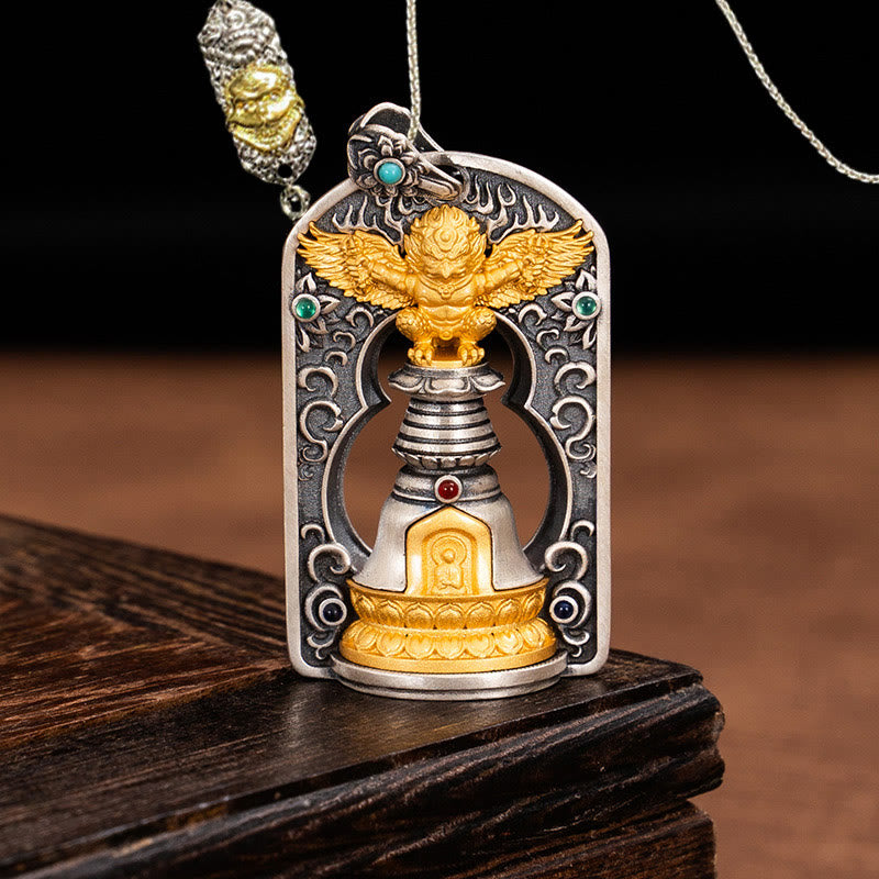 Collier pendentif de protection en argent sterling 925 avec Buddha Stones et oiseau tibétain Garuda Vajra Dorje