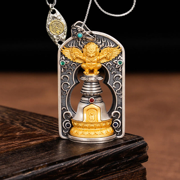Collier pendentif de protection en argent sterling 925 avec Buddha Stones et oiseau tibétain Garuda Vajra Dorje