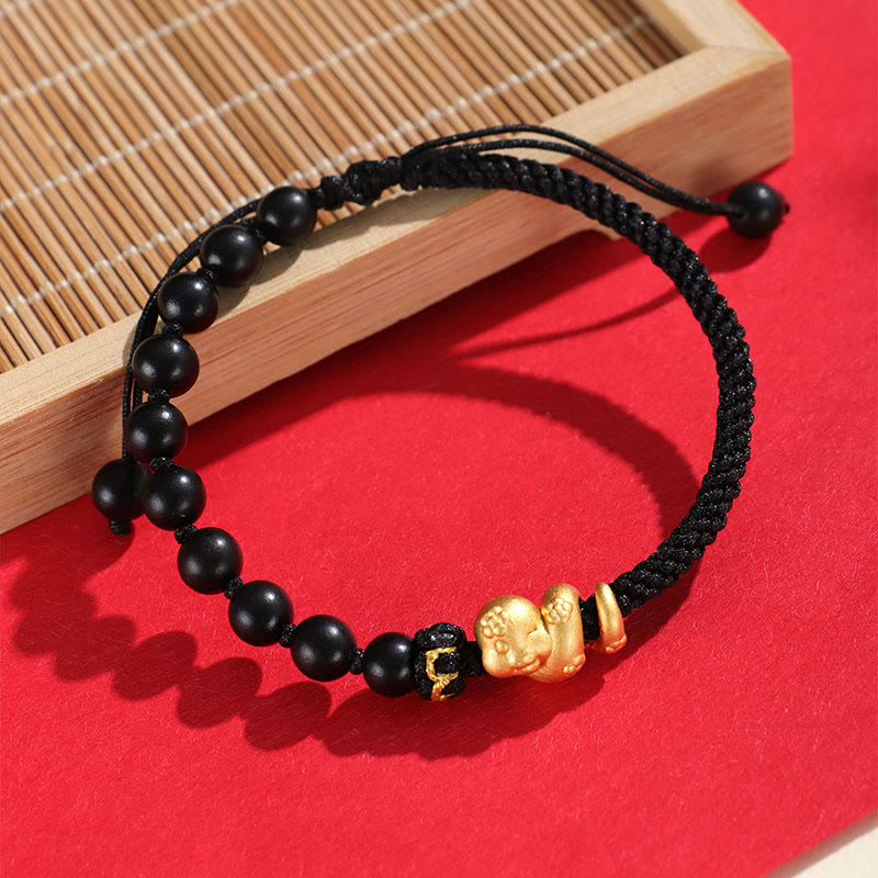 Bracelet tressé en corde de coton avec perles en bois de santal rouge et petites feuilles de Buddha Stones 999 Année du serpent