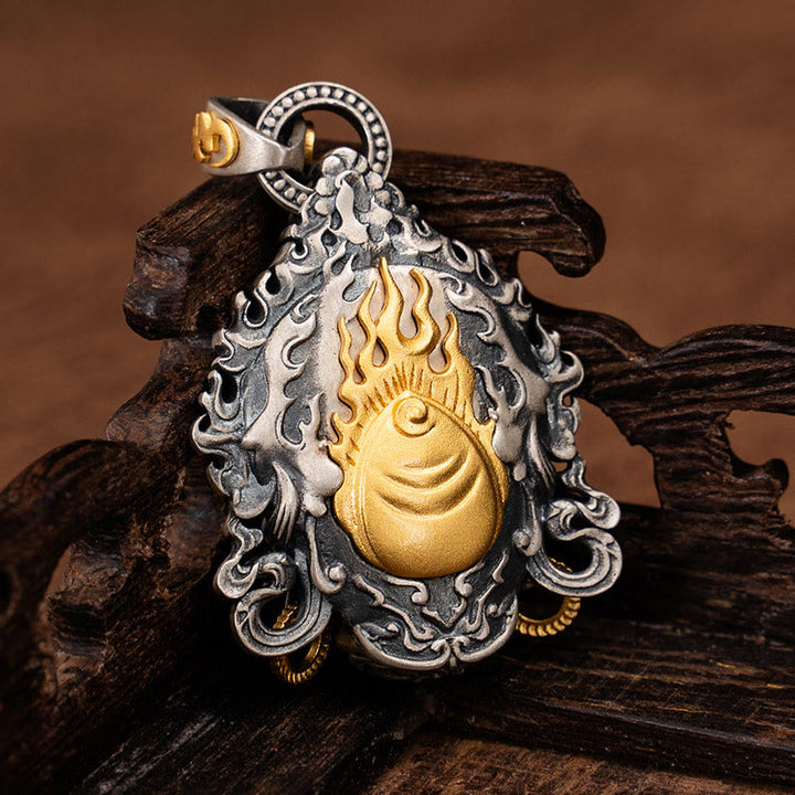 Collier pendentif en argent sterling 925 Buddha Stones et symbole du dieu de la richesse et de la protection Jambhala tibétain jaune