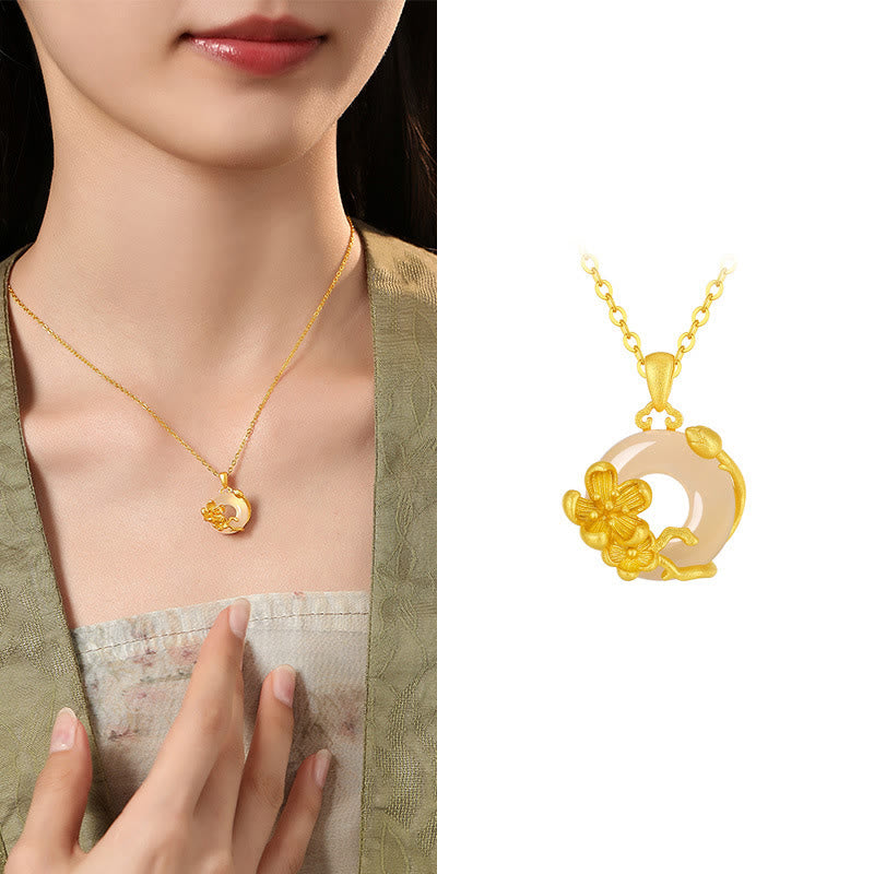 Collier avec pendentif en argent sterling 925 et Buddha Stones en calcédoine et boucle de paix - Fleur de prunier - Calcédoine en argent sterling 925 doré - image 7