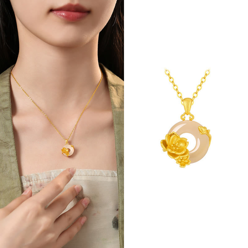 Collier avec pendentif en argent sterling 925 et Buddha Stones en calcédoine et boucle de paix - Fleur de pêche - Calcédoine en argent sterling 925 doré - image 9