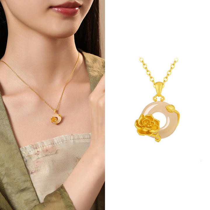 Collier avec pendentif en argent sterling 925 et Buddha Stones en calcédoine et boucle de paix - Pivoine - Calcédoine en argent sterling 925 doré - image 11