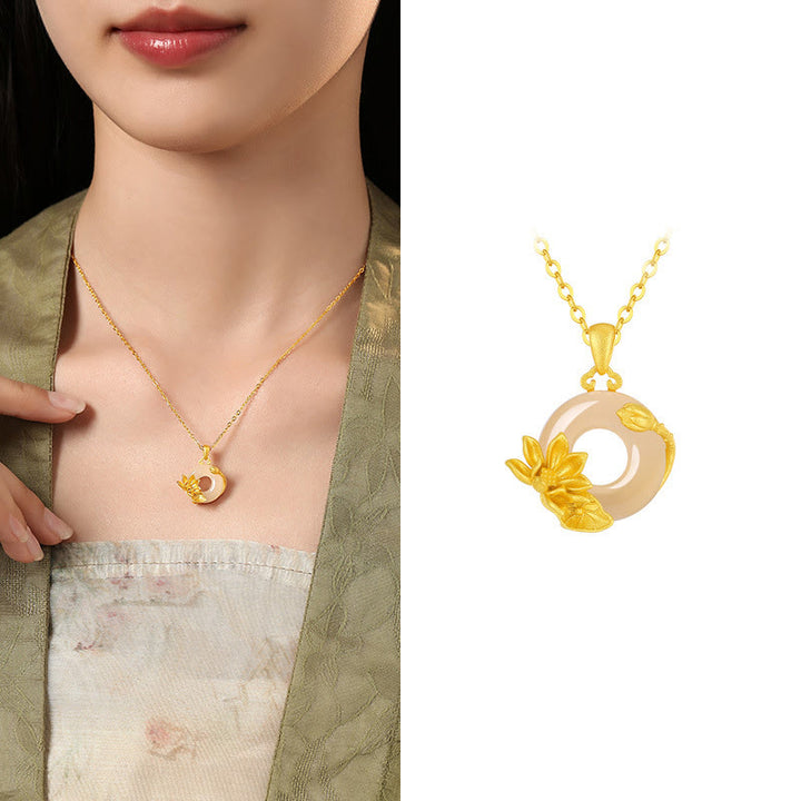 Collier avec pendentif en argent sterling 925 et Buddha Stones en calcédoine et boucle de paix - Lotus - Calcédoine en argent sterling 925 doré - image 16