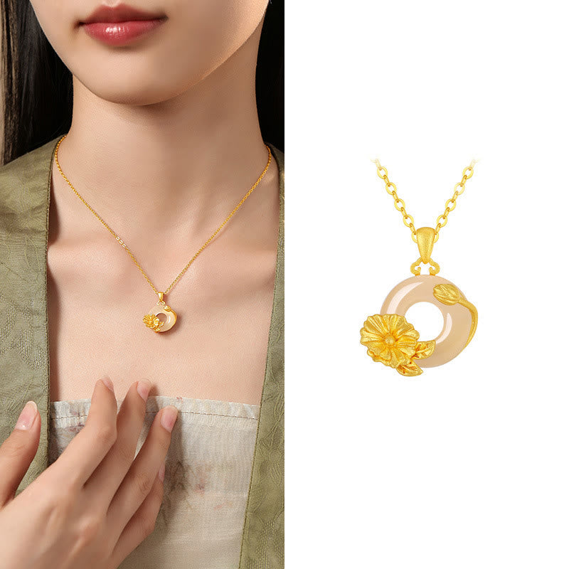 Collier avec pendentif en argent sterling 925 et Buddha Stones en calcédoine et boucle de paix - Trémière - Calcédoine en argent sterling 925 doré - image 18