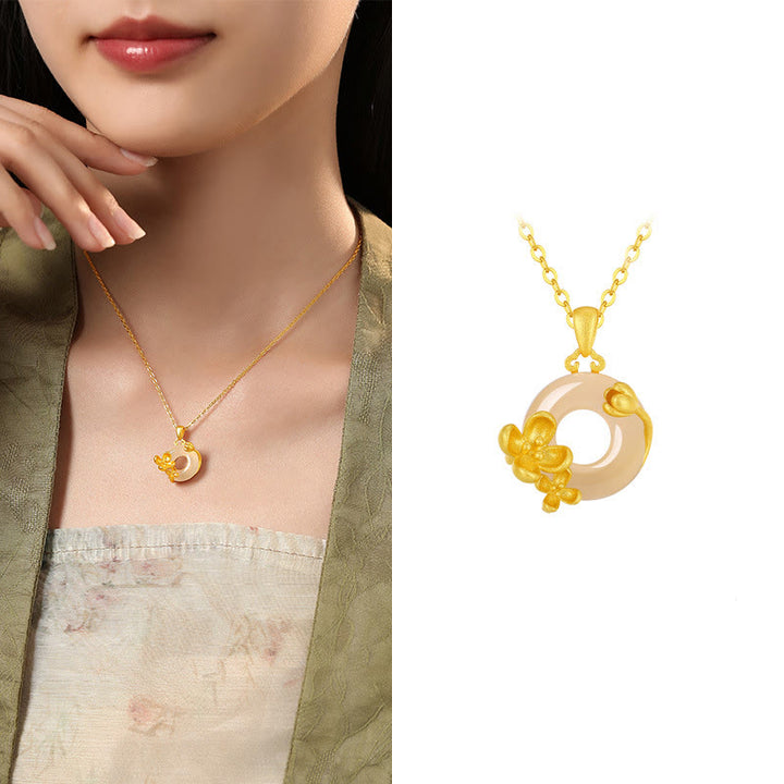 Collier avec pendentif en argent sterling 925 et Buddha Stones en calcédoine et boucle de paix - Osmanthus - Calcédoine en argent sterling 925 doré - image 20