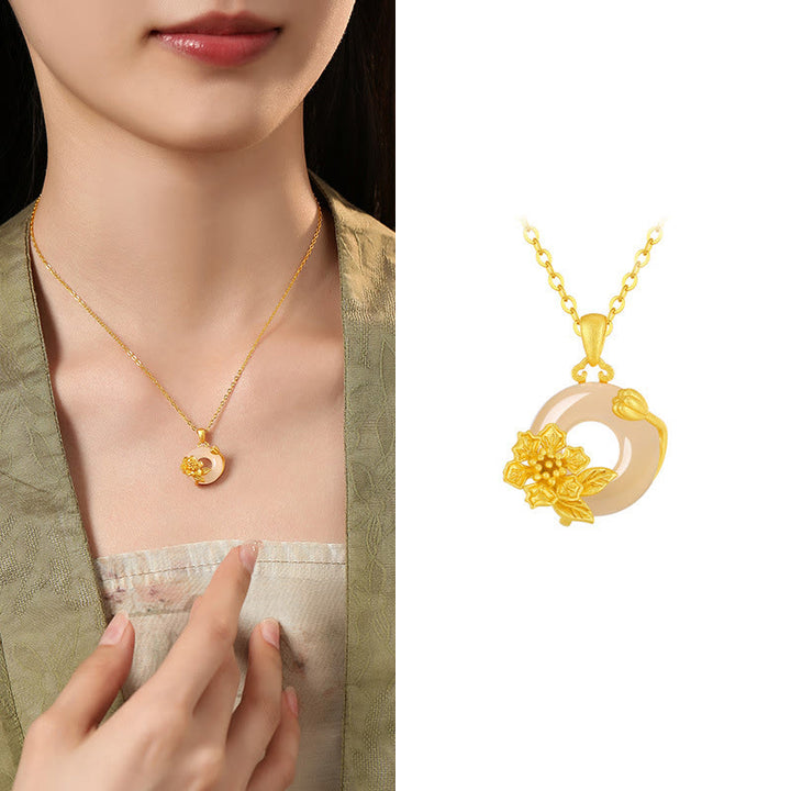 Collier avec pendentif en argent sterling 925 et Buddha Stones en calcédoine et boucle de paix