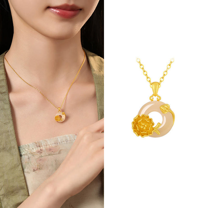 Collier avec pendentif en argent sterling 925 et Buddha Stones en calcédoine et boucle de paix - Hibiscus - Calcédoine en argent sterling 925 doré - image 24