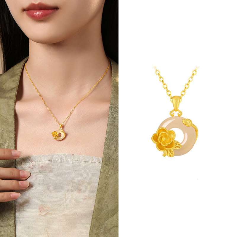 Collier avec pendentif en argent sterling 925 et Buddha Stones en calcédoine et boucle de paix - Camélia - Calcédoine en argent sterling 925 doré - image 26