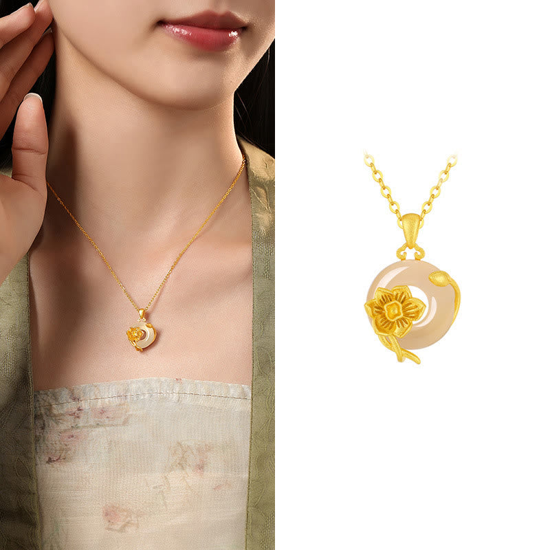 Collier avec pendentif en argent sterling 925 et Buddha Stones en calcédoine et boucle de paix