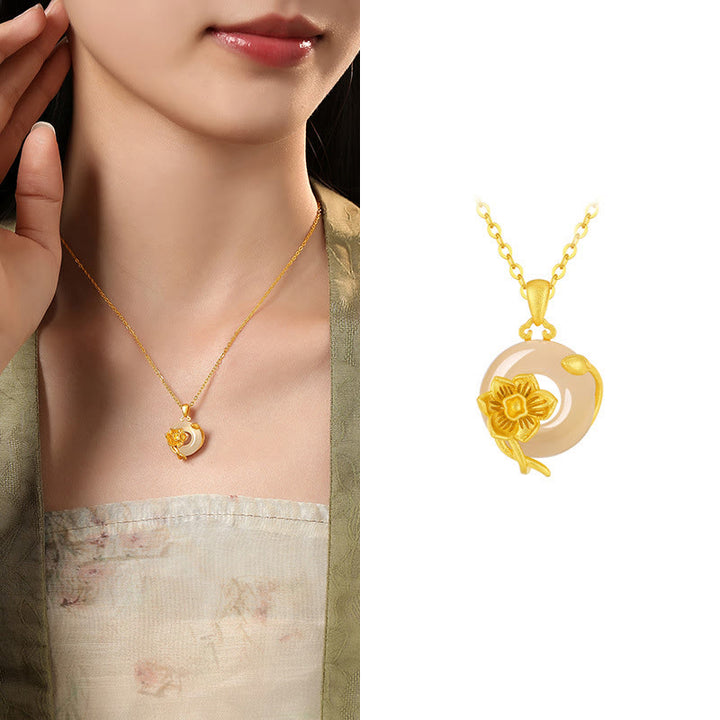Collier avec pendentif en argent sterling 925 et Buddha Stones en calcédoine et boucle de paix