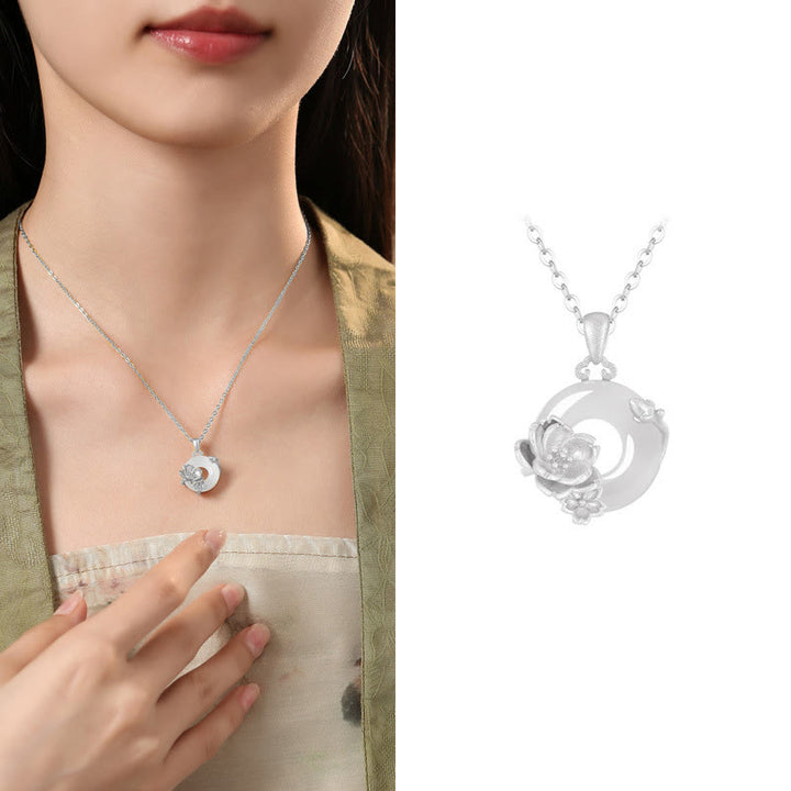 Collier avec pendentif en argent sterling 925 et Buddha Stones en calcédoine et boucle de paix