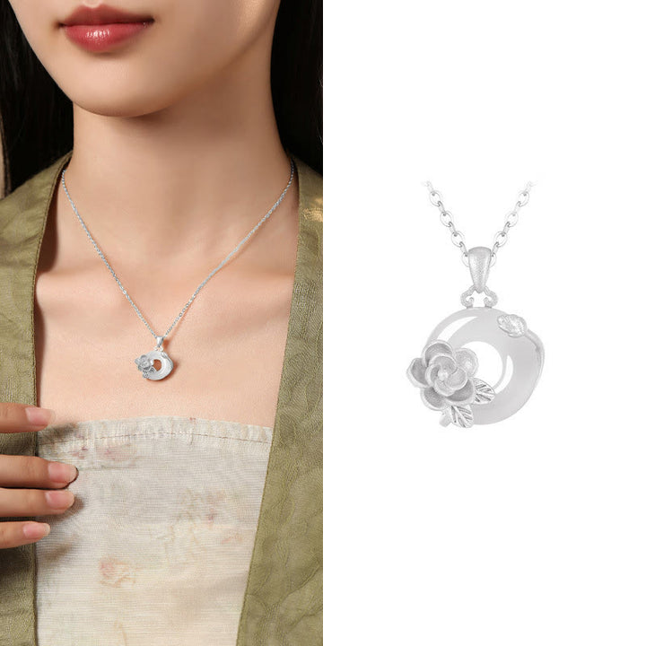 Collier avec pendentif en argent sterling 925 et Buddha Stones en calcédoine et boucle de paix - Camélia - Calcédoine en argent sterling 925 - image 39