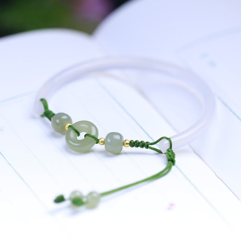 Bracelet jonc positif en Buddha Stones d'agate blanche naturelle et jade Hetian - image 10