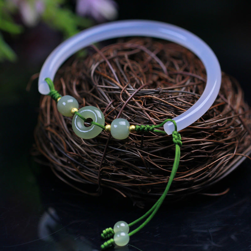 Bracelet jonc positif en Buddha Stones d'agate blanche naturelle et jade Hetian - image 5