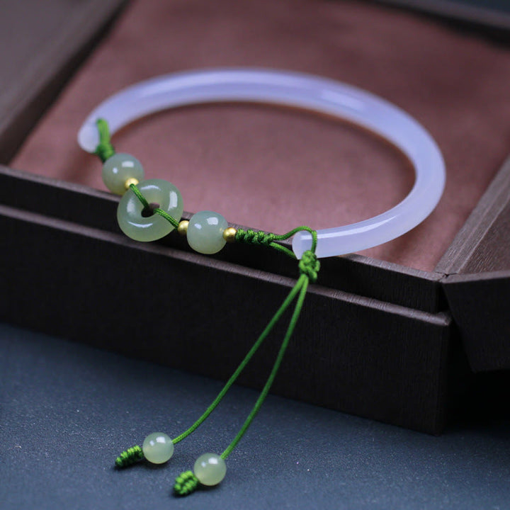 Bracelet jonc positif en Buddha Stones d'agate blanche naturelle et jade Hetian - image 3