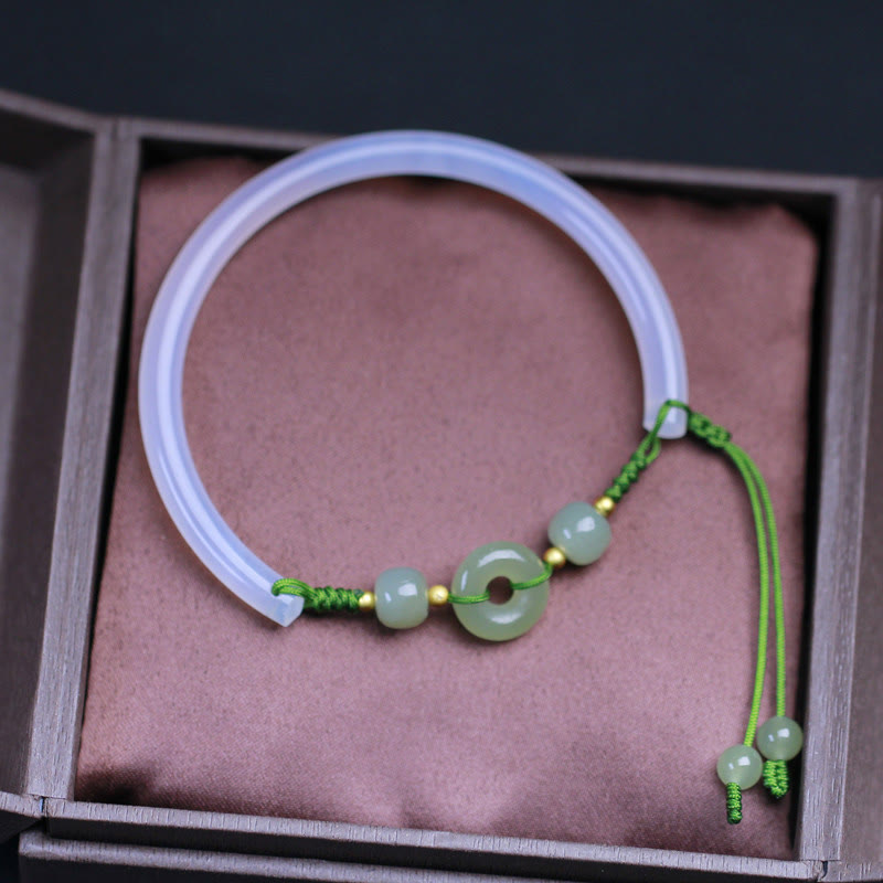 Bracelet jonc positif en Buddha Stones d'agate blanche naturelle et jade Hetian - image 2