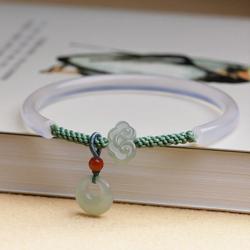 Bracelet en Buddha Stones en agate blanche naturelle et jade Hetian avec boucle de paix et nuages ​​de bon augure - Agate blanche (tour de poignet : 14-17 cm) - image 1
