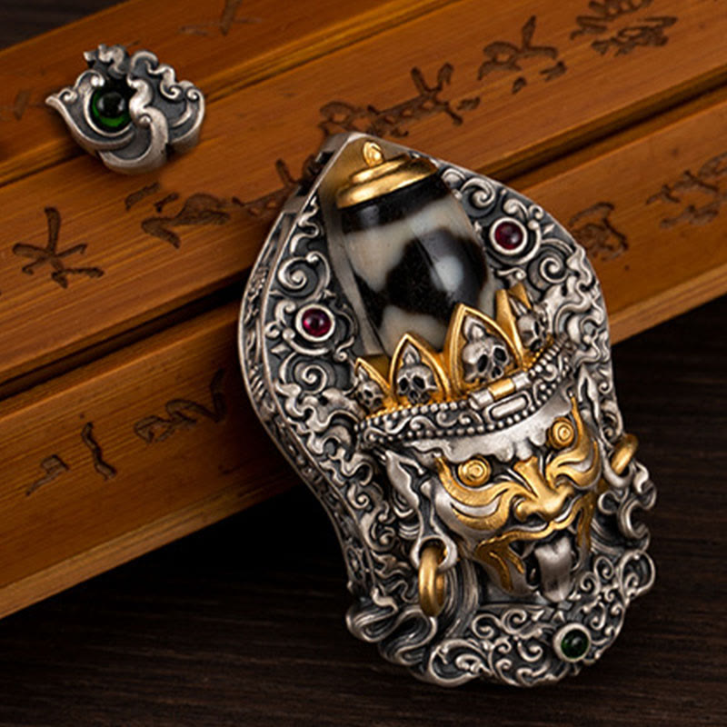 Collier pendentif en perles Dzi de la déesse de la richesse tibétaine en argent sterling 925 avec Buddha Stones