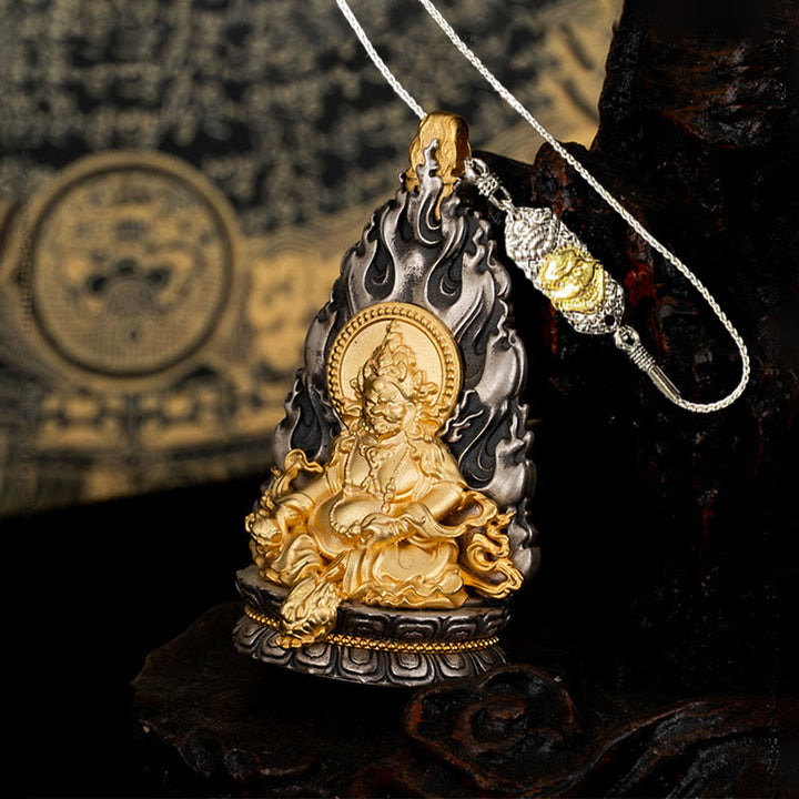Collier pendentif en argent sterling 925 Buddha Stones et bénédiction du dieu de la richesse Jambhala jaune tibétain