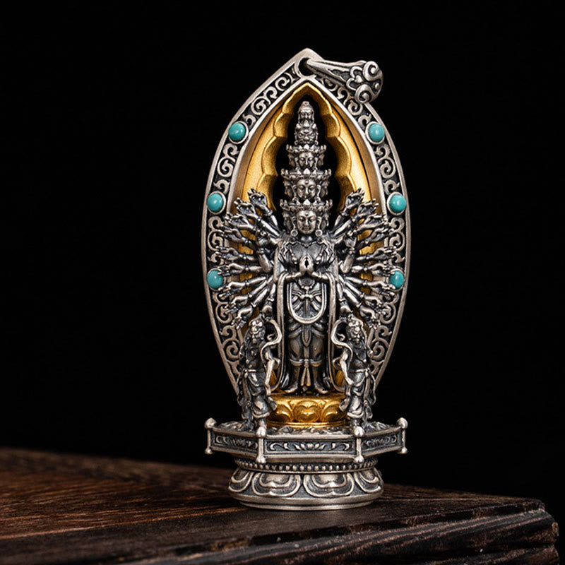 Collier pendentif de richesse Avalokiteśvara Guanyin Kwan Yin à mille bras en argent sterling 925 avec Buddha Stones - image 1