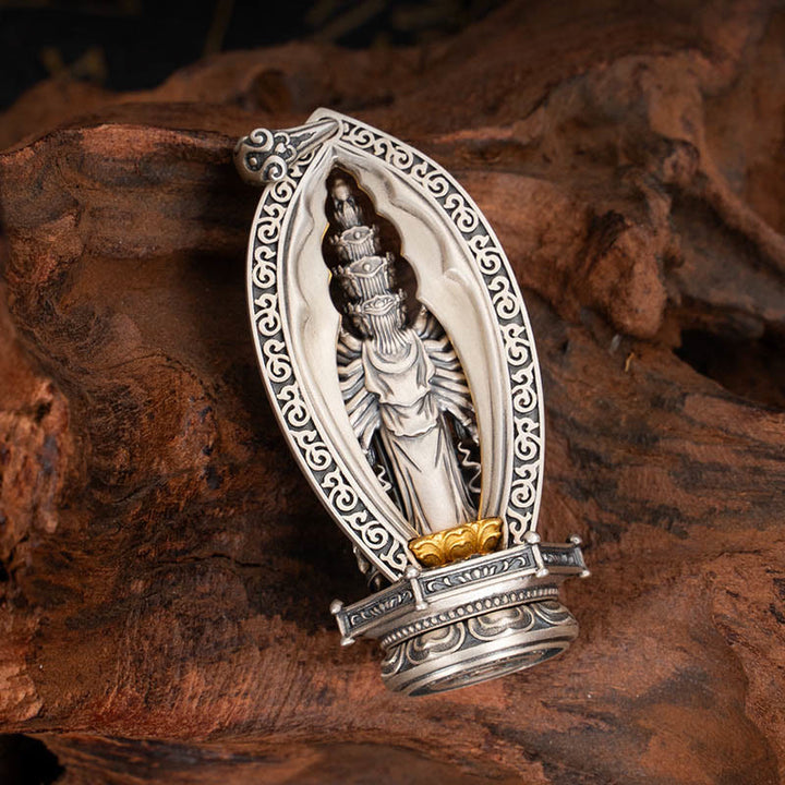Collier pendentif de richesse Avalokiteśvara Guanyin Kwan Yin à mille bras en argent sterling 925 avec Buddha Stones - image 3