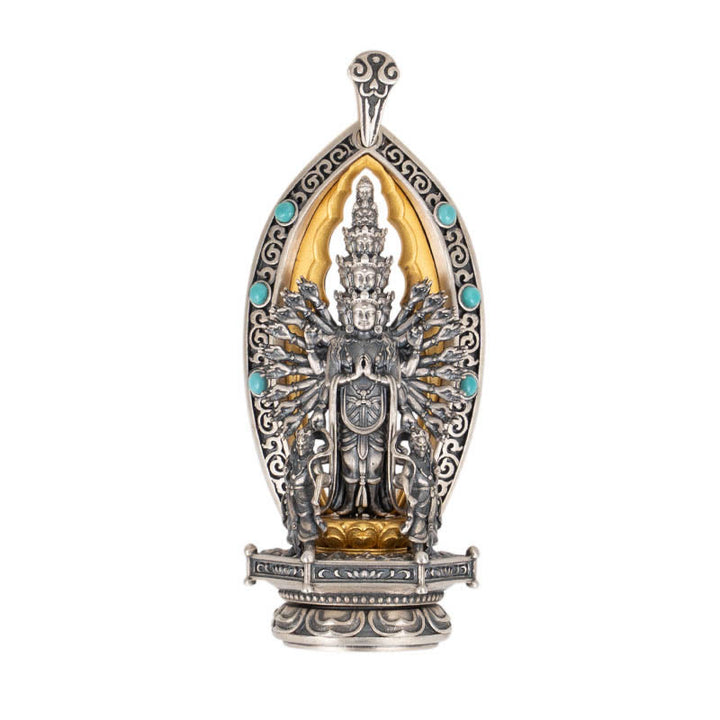 Collier pendentif de richesse Avalokiteśvara Guanyin Kwan Yin à mille bras en argent sterling 925 avec Buddha Stones - image 13